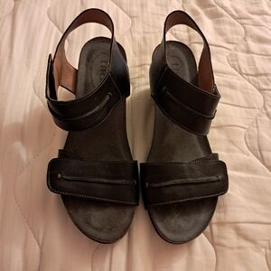 Taos Sandals Women's 7 Reason Black Leather Strap On Wedge Comfort Summer